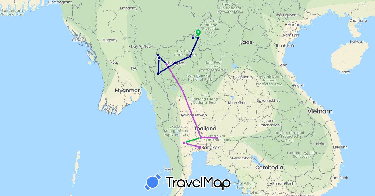 TravelMap itinerary: driving, bus, train in Laos, Thailand (Asia)